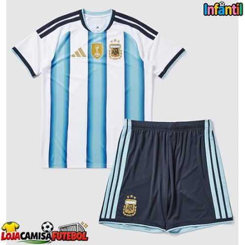 Camisa de Futebol Argentina Equipamento Principal Infantil Mundo 2026 Manga Curta (+ Calças curtas)